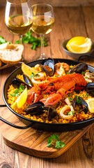 Seafood paella with wine