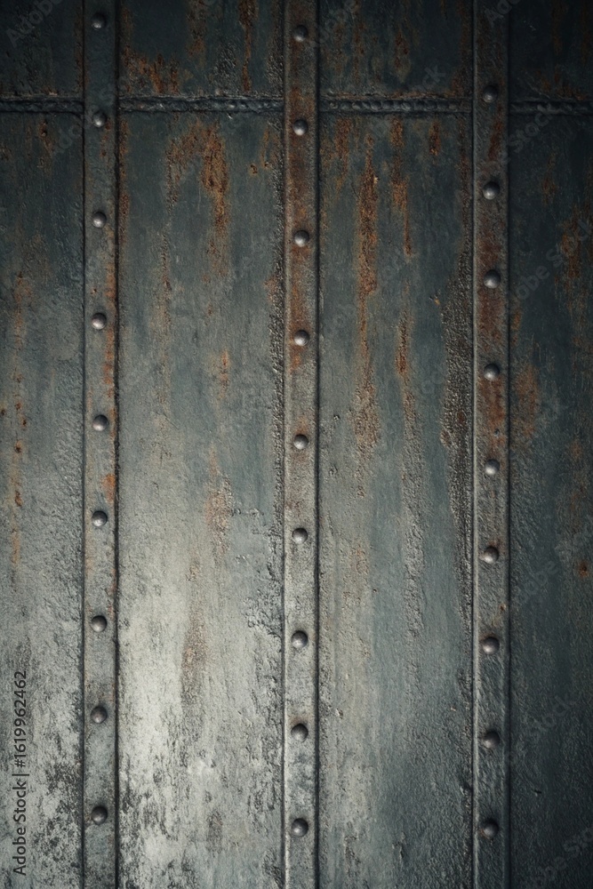 Poster close up of a dark metal panel with rivets, creating a textured and industrial background for variou