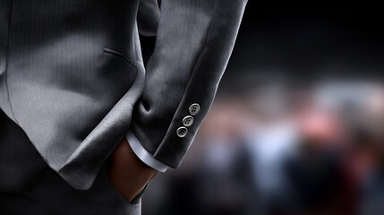 The Confident Executive: A sharp focus on the tailored suit of an executive, embodying elegance and authority, with his hand in his pocket, suggesting preparedness. 