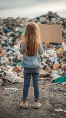 Young girl holding a placard, standing on a landfill with a large pile of waste behind her, symbolizing eco activism and the urgent need for addressing environmental pollution, Generative AI