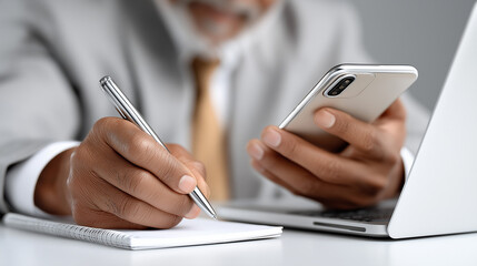 Businessman Multitasking: A focused businessman, immersed in his professional environment, balances note-taking with smartphone usage and computer.