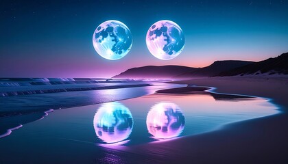 Two Spheres at Beach Reflecting on Water at Dusk