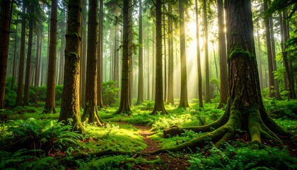 Obraz premium Sunbeams pierce a lush forest