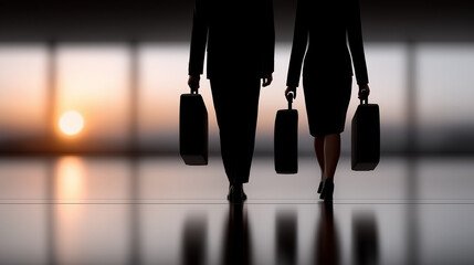 Dynamic Silhouette: Two business professionals, silhouetted against a breathtaking sunset, stride confidently forward with briefcases, capturing the essence of ambition and progress.