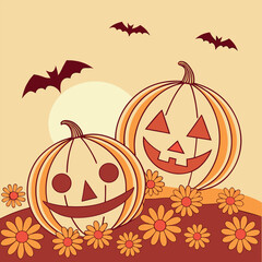 Two retro pumpkin lanterns sit among flowers with bats flying overhead