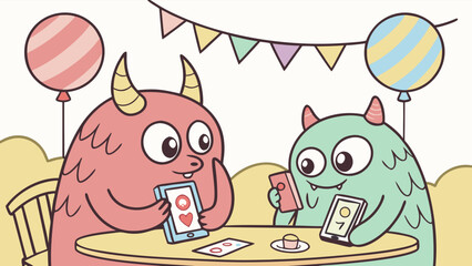 Obraz premium Two cute cartoon monsters enjoying a fun party with balloons and playing games on their phones at a table