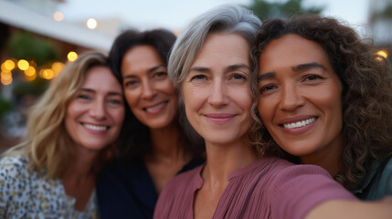 Obraz premium Close up group selfie of four middle-aged women at sunset