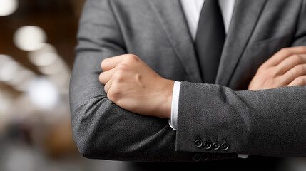 **Business Confidence** : The image features a sharply dressed individual in a well-tailored suit, radiating professionalism and confidence through their composed stance and crossed arms.