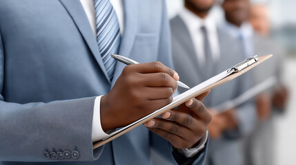 Businessman reviewing documents: A close-up shot of a businessman meticulously reviewing documents on a clipboard, showcasing professionalism and attention to detail.