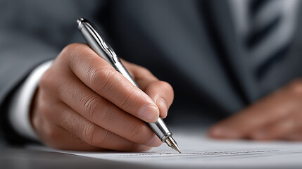 Writing with Precision: An individual's hand, clad in a tailored suit, expertly wields a pen, focusing on writing on a paper.