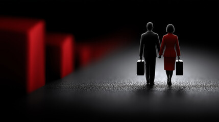 Business Couple's Journey: A silhouette of a business couple, holding hands, traverses a metaphorical path of decreasing blocks. This symbolic representation of collaboration, support.