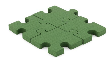 Four green puzzle pieces interlock, forming a square shape, showcasing wooden texture and slight shadow on a white background