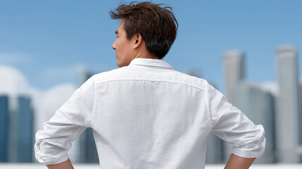 A Man's Vision and City Skyline: A focused individual gazes towards a cityscape, arms held confidently, embodying ambition and forward-thinking in a modern urban environment.