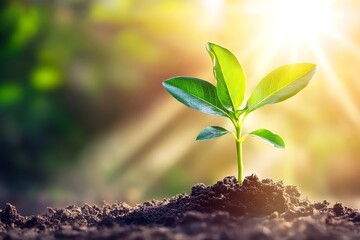 Fresh Green Sprout Growing from Soil in Sunlight