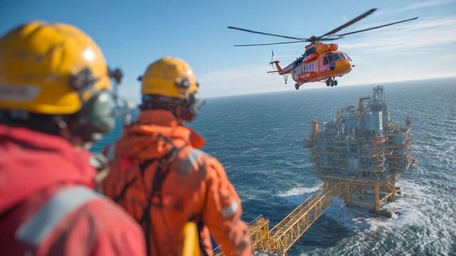 Two workers in safety gear observe a helicopter near an offshore platform in the sea. A structure and connecting bridge stand in rough water