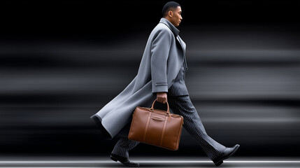 On the Move: An elegantly dressed businessman strides purposefully through an urban environment, his silhouette a portrait of motion and determination.
