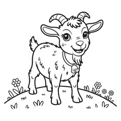 Cartoon goat with bell standing on hill coloring page art
