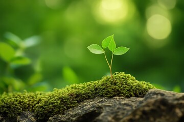 Small Sprout on Mossy Rock with Green Background