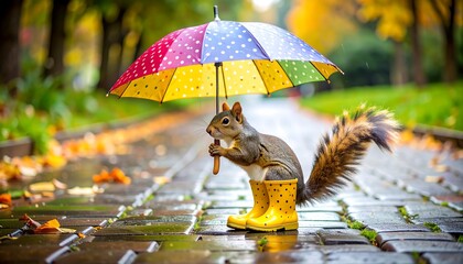 Squirrel in rain boots under umbrella