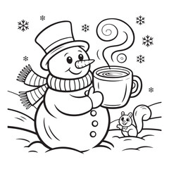 Snowman holding a hot drink with a squirrel in winter scene Colouring Page