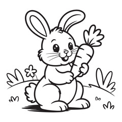 Cartoon bunny holding a carrot in a black and white drawing Colouring Page