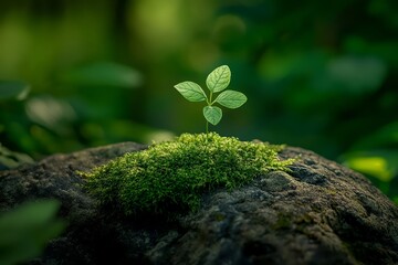 Sprout Growing from Moss on Rock