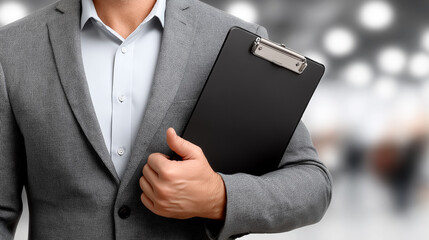 Confident Professional Holding Clipboard: A sharp-dressed, distinguished individual, holding a clipboard confidently. This image captures the essence of authority, professionalism.