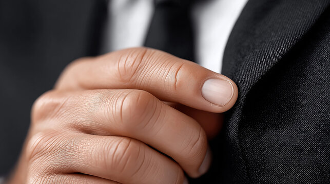 Meticulous Adjustment: A close-up shot showcases a professional hand subtly adjusting the lapel of a tailored suit, highlighting a keen attention to detail. - Powered by Adobe