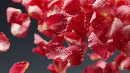 close-up of dark red rose flower petals falling through air
