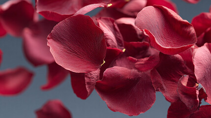 close-up of dark red rose flower petals falling through air