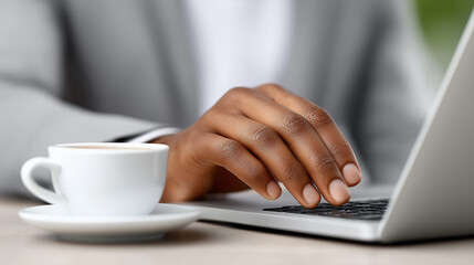 Coffee Break Typing: A close-up shot of a person typing on a laptop, with a cup of coffee resting nearby, emphasizing productivity and focus.