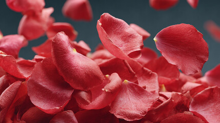 close-up of dark red rose flower petals falling through air