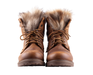 Pair of tan leather winter boots with faux fur cuffs
