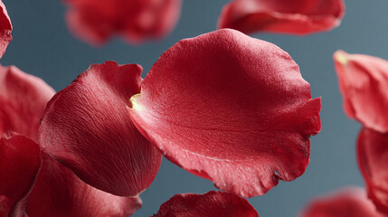close-up of dark red rose flower petals falling through air