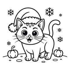 Cat wearing santa hat with pumpkins and snowflakes outline Colouring Page