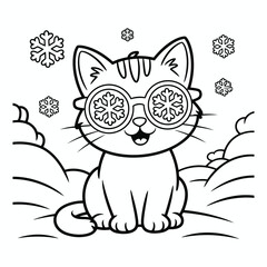 Cat with snowflake glasses in a winter scene coloring page