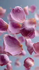close-up of dark pink rose flower petals falling through air