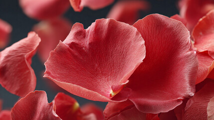close-up of dark red rose flower petals falling through air