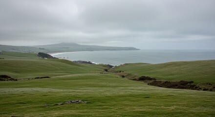 Fototapeta premium Rolling green hills meet a calm ocean under an overcast sky. A distant shoreline hints at a small town nestled at the coast