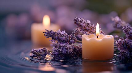 Candles, lavender flowers, and water 