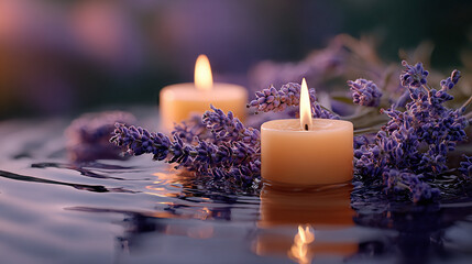 Candles, lavender flowers, and water 
