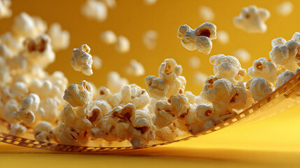 popcorn floating in mid-air, dynamic realistic film strip in the composition