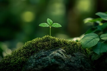 Tiny Sprout Growing on Mossy Stone Surface