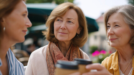 Obraz premium Elegant older ladies enjoying lattes at a café