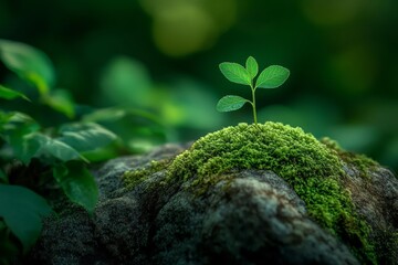 Tiny sprout on mossy rock in forest