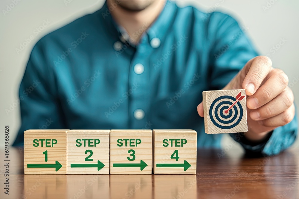 Poster man places a target with an arrow in the bullseye on top of four wooden blocks labeled step one thro