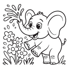 Cartoon elephant watering flowers with its trunk outline art Colouring Page