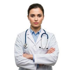 Fototapeta premium Professional female physician wearing white lab coat and stethoscope with arms crossed isolated on transparent background