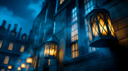 Foggy street with vintage gas lamps casting eerie shadows