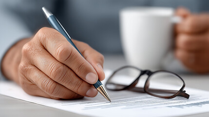 The Act of Writing: A close-up shot captures a hand meticulously writing with a pen on a document, evoking thoughts of clarity, precision, and focused attention.